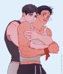  2boys bdsm black_tank_top bondage bound copyright copyright_request glasses highres hug hug_from_behind jewelry looking_at_another looking_at_viewer male_focus multiple_boys ring simple_background tank_top white_background white_tank_top yaoi yotti 