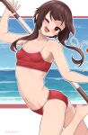  1girl bare_shoulders bikini blush breasts brown_hair highres jampen kono_subarashii_sekai_ni_shukufuku_wo! looking_at_viewer megumin navel one_eye_closed open_mouth red_bikini short_hair_with_long_locks sidelocks small_breasts smile solo swimsuit 