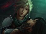  1boy 1girl absurdres arm_guards armor black_gloves black_hair blonde_hair blue_eyes blue_jacket bruise caress closed_eyes cloud_strife commentary crisis_core_final_fantasy_vii earrings english_commentary final_fantasy final_fantasy_vii final_fantasy_vii_rebirth final_fantasy_vii_remake gloves green_scarf hand_on_another&#039;s_face highres indoors injury jacket jewelry lips long_hair looking_at_another official_alternate_costume safaiaart scarf shinra_infantry_uniform short_hair shoulder_armor spiked_hair tifa_lockhart unconscious upper_body 