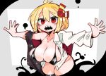  1girl bad_anatomy bad_hands black_bra black_vest blonde_hair blush bra breasts cleavage collarbone collared_shirt cowboy_shot darkness hair_between_eyes hair_ribbon large_breasts massakasama open_clothes open_mouth open_shirt outstretched_arms red_eyes red_ribbon ribbon rumia sharp_teeth shirt short_hair solo spread_arms teeth touhou underwear vest white_shirt 