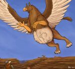  abdominal_bulge ambiguous_gender anthro anthro_prey avian beak belly big_belly brown_body brown_fur canid canine feral feral_pred flying fox fur gesture gryphon gryphon_pred hi_res looking_down mammal mythological_avian mythology spread_wings thatgryphonguy vore waving wings 