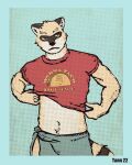  2022 anthro belly bjakery clothed clothing colored digital_media_(artwork) exposed_belly fur hi_res humor looking_away male mammal markings nick_saunders_(templar) partially_clothed procyonid pun raccoon raised_clothing raised_shirt raised_topwear shirt simple_background solo standing super-nova t-shirt tail tail_markings text text_on_clothing text_on_shirt text_on_topwear topwear yellow_body yellow_fur 