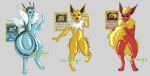  ambiguous_gender anthro clothing eeveelution flareon fluffy fluffy_tail generation_1_pokemon glistening glistening_body group jolteon latex nintendo pokemon pokemon_(species) rubber rubber_clothing rubber_suit smile sourmagic suit suiting surprise surprised_expression tail transformation vaporeon 