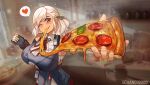  1girl absurdres asymmetrical_bangs black_gloves black_ribbon breasts chance8000 cheese cheese_trail eating fingerless_gloves food girls&#039;_frontline gloves grey_hair hair_ribbon heart highres holding holding_food holding_pizza large_breasts long_hair looking_at_viewer one_eye_closed pepperoni pizza pizza_slice red_eyes ribbon solo spas-12_(girls&#039;_frontline) speech_bubble spoken_heart standing twintails 