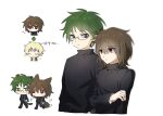  2boys animal_ears atou_haruki black_jacket black_pants blonde_hair brown_hair chibi closed_eyes closed_mouth co_tsuu_e commentary_request flying_sweatdrops fox_boy fox_ears fox_tail gakuran glasses green_hair grey_eyes grey_jacket hair_between_eyes jacket kemonomimi_mode korean_commentary korean_text long_sleeves male_focus multiple_boys multiple_views no_mouth no_nose open_clothes open_jacket otowa_rui_(saibou_shinkyoku) pants raccoon_boy raccoon_ears raccoon_tail red_eyes saibou_shinkyoku school_uniform shirt short_hair simple_background smile tail translation_request walking white_background yellow_shirt 