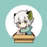  1boy animal_ear_fluff animal_ears black_shorts blue_background blue_jacket blush box character_request check_character chibi closed_mouth full_body green_eyes grey_hair hair_between_eyes hugging_own_legs in_box in_container jacket knees_up long_sleeves looking_at_viewer luoxiaohei male_focus puffy_long_sleeves puffy_sleeves que_meng_meng round_image short_eyebrows shorts sitting solo the_legend_of_luo_xiaohei thick_eyebrows two-tone_background white_background 
