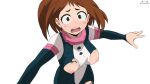  1girl blush blush_stickers bodysuit boku_no_hero_academia breasts brown_eyes brown_hair embarrassed highres large_breasts medium_hair nipples sidelocks simple_background torn_bodysuit torn_clothes tsuranukko uraraka_ochako wavy_mouth white_background 