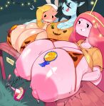  3girls adventure_time animal_hat award_ribbon badge black_hair blonde_hair blue_skin blush breast_lift breast_rest breasts bulumblebee cheating_(competitive) colored_skin contest crown desk_slam fangs fionna_the_human_girl gigantic_breasts grass halloween hat highres huge_breasts looking_at_breasts looking_at_viewer looking_down looking_to_the_side marceline_abadeer multiple_girls name_tag nervous nervous_smile nervous_sweating nipples open_mouth orange_shirt pink_hair pink_skin pointy_ears potion princess_bonnibel_bubblegum pumpkin_bra rabbit_hat shirt smile string_lights sweat sweatdrop table white_headwear 