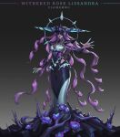  1girl alternate_costume black_dress blue_flower breasts clairemwc closed_mouth colored_skin detached_sleeves dress flower gradient_background grey_background grey_dress grey_skin highres horns large_breasts league_of_legends lissandra_(league_of_legends) long_hair pink_hair purple_lips solo thorns 