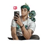  1boy aqua_hair cropped_torso dragon heart highres holding holding_phone male_focus original phone praying_mantis print_shirt rinotuna shadow shirt short_hair short_sleeves small_dragon solo tattoo upper_body very_short_hair 