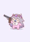  1girl absurdres bib blush full_body gem gradient_hair gun handgun highres holding holding_gun holding_weapon hololive hololive_english koseki_bijou long_hair m1911 multicolored_hair onesie pacifier pebble_(koseki_bijou) phdpigeon pointing_gun simple_background solid_circle_eyes solo standing tiara very_long_hair weapon white_background 