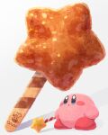  :o blue_eyes blush blush_stickers commentary_request copyright drooling food food_request highres holding holding_wand kirby kirby_(series) kirby_cafe looking_up miclot no_humans open_mouth shadow simple_background solo standing star_(symbol) star_rod wand white_background 