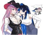  2girls arm_on_another&#039;s_shoulder armpits black_hair blue_eyes breasts chibi chibi_inset colored_inner_hair cowboy_hat cowgirl_(western) detached_sleeves eus_ing hair_intakes hat high-waist_pants hololive hololive_english large_breasts long_hair mori_calliope_(sheriff) multicolored_hair multiple_girls ouro_kronii ouro_kronii_(3rd_costume) pants pink_hair shirt very_long_hair virtual_youtuber white_shirt 
