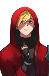  1boy black_gloves black_shirt blonde_hair blue_eyes chewing chocolate closed_mouth earrings fingerless_gloves food gaeha_is gloves hand_up highres holding holding_food hood hood_up jacket jewelry long_sleeves looking_away male_focus mole mole_under_eye red_jacket shirt short_hair simple_background single_earring solo trigun trigun_stampede upper_body vash_the_stampede white_background 