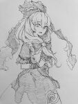  1girl :d commentary dress frilled_ribbon frills front_ponytail greyscale hair_ribbon highres interlocked_fingers kagiyama_hina kanaria_(bocmn) long_hair monochrome one-hour_drawing_challenge open_mouth own_hands_together ribbon short_sleeves simple_background sketch smile solo touhou traditional_media 