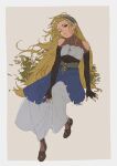  1girl bare_shoulders blonde_hair dress earrings fingerless_gloves freckles gloves green_eyes hairband highres jewelry long_hair one_eye_closed pointy_ears princess_zelda shoes simple_background sitting taisos very_long_hair wind 
