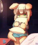  absurd_res andromorph anthro digital_media_(artwork) fur hair hi_res intersex made_in_abyss nanachi pillow scared simple_background skalelsky solo tail_wrapped_around tan_body tan_fur white_hair 