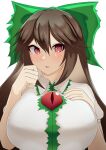  1girl absurdres blush bow breast_suppress breasts brown_hair collared_shirt commentary_request green_bow green_pupils hair_between_eyes hair_bow highres huge_breasts kibagon_(shirotsume) long_bangs long_hair looking_at_viewer open_mouth puffy_short_sleeves puffy_sleeves red_eyes reiuji_utsuho shirt short_sleeves simple_background solo third_eye touhou upper_body white_background white_shirt 