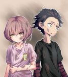  1boy 1girl absurdres aged_down black_hair black_shirt brown_eyes brown_hair closed_mouth crying crying_with_eyes_open dirty dirty_clothes dirty_face english_commentary green_eyes highres id_card ishida_shouya koe_no_katachi long_sleeves nishimiya_shouko outline pink_shirt shirt short_hair spiked_hair tears togekk0 upper_body white_outline 