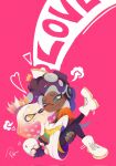  +_+ 2girls =3 artist_name black_gloves black_pants blush boots brown_hair carrying cheek-to-cheek closed_mouth coat commentary_request crown dark-skinned_female dark_skin fingerless_gloves forehead gloves gradient_hair green_eyes headphones heads_together heart highres long_sleeves marina_(splatoon) mole mole_under_mouth multicolored_hair multiple_girls one_eye_closed orange_shirt pants pearl_(splatoon) pink_background pink_hair princess_carry purple_hair raised_eyebrows shirt short_eyebrows short_hair sidelocks signature simple_background smile splatoon_(series) splatoon_2 star-shaped_pupils star_(symbol) suction_cups symbol-shaped_pupils take_yanzhu tentacle_hair thick_eyebrows white_coat white_footwear white_hair yellow_eyes 