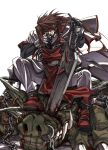  1boy absurdres after_battle blood blood_on_clothes blood_on_weapon brown_hair chain cigarette concrete dong_hole english_text fangs guilty_gear guilty_gear_xx headband highres huge_weapon monster mouth_hold order-sol red_eyes shaded_face sitting smoking sol_badguy solo weapon 