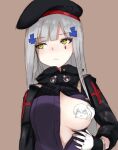  1girl 416_day beret black_headwear blush breasts brown_background censored character_censor closed_mouth facial_mark fujiwara_rein girls&#039;_frontline gloves green_eyes grey_hair hair_ornament hat hk416_(girls&#039;_frontline) jacket long_hair long_sleeves looking_away looking_to_the_side medium_breasts novelty_censor one_breast_out purple_jacket simple_background solo ump45_(girls&#039;_frontline) upper_body white_gloves 