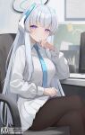  1girl black_pantyhose blue_archive blue_necktie blush breasts closed_mouth grey_hair halo highres kiu6 long_hair long_sleeves looking_at_viewer necktie noa_(blue_archive) pantyhose pleated_skirt purple_eyes shirt sitting skirt smile solo white_shirt white_skirt 