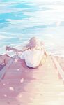  1boy blonde_hair falling_petals guitar highres holding holding_instrument instrument light medium_hair original outdoors petals shirt short_sleeves shorts sitting sitting_on_stairs solo stairs water white_shirt yuribou 