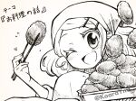  1girl alternate_costume apron basket blush_stickers chopsticks commentary_request crumbs eyelashes food food_request greyscale hair_ornament hairclip head_scarf holding holding_basket holding_chopsticks holding_food ink_(medium) long_sleeves looking_at_viewer monochrome one_eye_closed open_mouth original short_hair sleeves_past_elbows smile traditional_media translation_request twitter_username upper_body yamato_koara 