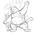 2023 anthro belly big_belly bottomwear bulge clothing domestic_cat duo english_text felid feline felis hi_res humanoid_hands lexor_komuga male mammal moobs navel nipples overweight overweight_male shirt shorts simple_background surprise suspenders text topwear 