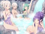  4girls arm_up bare_shoulders breasts cleavage cliff collarbone emilia_(re:zero) fence green_hair hair_bun hand_on_own_arm hand_on_own_thigh head_rest highres large_breasts leaning_forward long_hair looking_at_viewer lyra_(re:zero) multiple_girls naked_towel onsen outdoors partially_submerged pointy_ears purple_eyes purple_hair re:zero_kara_hajimeru_isekai_seikatsu re:zero_kara_hajimeru_isekai_seikatsu:_lost_in_memories satella_(re:zero) shion_(re:zero) sitting steam thighs towel water waterfall wet_towel white_hair wooden_fence yellow_eyes zerobarto 