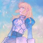  1girl ahoge arms_at_sides artoria_pendragon_(fate) blonde_hair blue_dress blue_sky clenched_teeth cloud commentary_request corset cowboy_shot crying crying_with_eyes_open cuirass dress dutch_angle falling_petals fate/stay_night fate_(series) floating_hair gauntlets glaring green_eyes grimace hair_down hair_over_shoulder highres juliet_sleeves long_hair long_sleeves looking_ahead parted_lips petals puffy_sleeves saber sidelocks sky solo tears teeth v-shaped_eyebrows zumu_(quw87) 