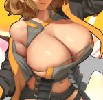 1girl :q anis_(nikke) breasts cleavage eu03 explosive goddess_of_victory:_nikke grenade head_out_of_frame jacket jacket_partially_removed large_breasts midriff navel shorts tongue tongue_out 
