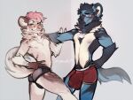  anthro areola black_body black_fur black_hair blue_body blue_fur blush boyfriends bubble_butt bulge butt clothing duo eyewear fabo_(fabomonster) fur glasses green_eyes hair hi_res hyena looking_back luke_(mallowhyena) male male/male mammal markings neck_tuft nipples pastel_colors pink_areola pink_hair pink_nipples pink_nose red_eyes ryukoeffect simple_background size_difference skinny small_waist smaller_male smile spots spotted_markings tail tan_body tan_fur tuft underwear white_chest 
