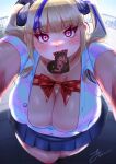 1girl akina_bbw backlighting bangs blonde_hair blue_hair blue_sky blunt_bangs blurry blurry_background blush bow breasts character_request chocolate cleavage color_banding commentary_request commission copyright_request dot_nose head_tilt highres huge_breasts long_hair looking_at_viewer open_mouth outstretched_arms partially_unbuttoned pink_eyes pixiv_commission pleated_skirt railing red_lips sidelocks skirt sky slit_pupils solo thick_arms tile_floor tiles tsurime two_side_up valentine 
