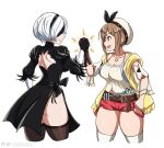  2girls :d artist_name atelier_(series) atelier_ryza back_cutout belt beret black_blindfold black_dress black_hairband blindfold breasts brown_belt brown_eyes brown_gloves brown_hair canadiananiguy cleavage clenched_hand clothing_cutout commentary covered_eyes cropped_legs crossover dress english_commentary feather-trimmed_sleeves flask from_side gloves hair_ornament hairband hands_up hat holding_hands jewelry juliet_sleeves leather leather_belt leather_gloves long_sleeves looking_at_another multiple_girls necklace nier:automata nier_(series) patreon_username profile puffy_sleeves red_shorts reisalin_stout round-bottom_flask short_hair short_shorts shorts simple_background single_glove skindentation sleeveless sleeveless_jacket smile star_(symbol) star_necklace thighhighs thighs twitter_username vial white_background white_hair white_headwear yorha_no._2_type_b 