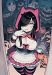  1girl aria_wintermint black_hair breasts cleavage cleavage_cutout clothing_cutout dress hair_over_one_eye halloween halloween_bucket halloween_costume highres hood hood_up long_hair looking_at_viewer looking_up monster open_mouth original parororo red_hood solo striped striped_thighhighs thick_thighs thighhighs thighs 