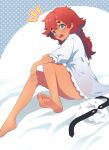  1girl arka91 bare_legs barefoot blue_eyes blush dark-skinned_female dark_skin feet gundam gundam_suisei_no_majo long_hair open_mouth red_hair simple_background sleepwear soles solo suletta_mercury sweatdrop toes 