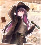  1girl absurdres alternate_costume azki_(hololive) bag black_hair blush brown_headwear brown_jacket brown_pants brown_shirt colored_inner_hair commentary_request cowboy_shot fedora grey_shirt hair_ornament hairclip hand_on_headwear handbag harusame_meronn hat highres holding_telescope hololive jacket long_sleeves map_background mole mole_under_eye multicolored_hair official_alternate_hair_length official_alternate_hairstyle open_mouth pants pink_hair shirt solo virtual_youtuber 