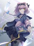  1girl absurdres arknights blue_bow bow braid breasts garter_straps goldenglow_(arknights) hair_bow headband highres holding holding_staff id_card jacket lightning_bolt_print lightning_bolt_symbol outstretched_hand pink_hair scissors solo staff standing thighhighs xjx yellow_eyes 
