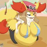  after_transformation alternate_species anthro belly big_belly big_breasts black_eyes bra braixen breasts brown_hair clothing fangs female fur garuda_six generation_6_pokemon hair hand_on_stomach hat headgear headwear hi_res huge_breasts hyper hyper_belly multicolored_body multicolored_fur narrowed_eyes navel nintendo nipple_outline pokemon pokemon_(species) pregnant red_body red_fur serena_(pokemon) smile solo tail teeth text tongue tongue_out transformation underwear white_body white_fur yellow_body yellow_fur 