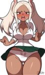  1girl :d absurdres alternate_hairstyle animal_ears animal_print artist_name ass ass_visible_through_thighs blush boku_no_hero_academia breasts cleavage collarbone dark-skinned_female dark_skin dated embarrassed full_body green_skirt highres large_breasts long_eyelashes long_hair looking_at_viewer maydaykiki mirko narrow_waist open_mouth panties pantyshot parted_bangs pleated_skirt print_panties rabbit_ears rabbit_girl rabbit_panties rabbit_print school_uniform shirt_tucked_in signature skirt sleeves_rolled_up smile solo tears teeth thick_thighs thigh_gap thighs twintails underwear upper_teeth_only v white_background white_hair white_panties wide_hips wind wind_lift 
