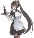  1girl alcohol alternate_costume apron black_dress blush bottle breasts brown_pantyhose cleavage dress enmaided frilled_apron frills highres kantai_collection long_hair looking_at_viewer maid maid_apron maid_headdress medium_breasts nachi_(kancolle) pantyhose puffy_short_sleeves puffy_sleeves redundant-cat short_sleeves solo tray waist_apron white_apron wrist_cuffs 