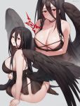  1girl ass bare_shoulders black_hair black_wings blue_archive blush breasts camisole choker cleavage feathered_wings hair_between_eyes halo hasumi_(blue_archive) highres huge_breasts iwbitu long_hair looking_at_viewer low_wings mole mole_under_eye multiple_views red_eyes sitting very_long_hair wings 