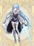  1girl armor blue_hair braid breasts cape choker dairoku_ryouhei greaves grey_thighhighs hand_up high_heels holding holding_sword holding_weapon kamishiro_cecil long_hair long_sleeves looking_at_viewer red_eyes shiropbw small_breasts solo standing sword thighhighs weapon yellow_background 