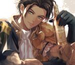  1boy arm_rest ascot beer_bottle black_capelet black_gloves bottle brown_hair cape capelet claude_von_riegan closed_mouth dark-skinned_male dark_skin elbow_rest fire_emblem fire_emblem:_three_houses gloves gold_armor green_eyes holding holding_bottle jacket long_sleeves looking_at_viewer parted_bangs saku_(soreca49) short_hair sideburns smile solo upper_body white_ascot white_background yellow_cape yellow_jacket 