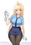  1girl absurdres ahoge belt black_pantyhose blonde_hair blue_shirt blue_skirt breast_pocket breasts collared_shirt cuffs gloves hair_ornament hairclip hand_up handcuffs highres holding jingburger large_breasts long_hair looking_at_viewer miniskirt necktie open_mouth pantyhose pencil_skirt pocket police police_uniform policewoman red_eyes shirt shirt_tucked_in short_sleeves simple_background sitting skirt smile solo uniform very_long_hair virtual_youtuber waktaverse white_background white_gloves ziro_(zirorong) 