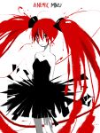  1girl alternate_costume alternate_hair_color bim0ngsam0ng black_dress blood blood_on_face breasts character_name cleavage collarbone dress eyelashes hatsune_miku pale_skin red_eyes red_hair sleeveless sleeveless_dress small_breasts solo twintails vocaloid white_background 