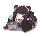  1girl :d animal_ears black_hair black_kimono blush brown_footwear chibi colored_shadow commentary dog_ears dog_girl dog_hair_ornament dog_tail flower full_body hair_flower hair_ornament heterochromia highres inui_toko japanese_clothes kimono long_hair long_sleeves looking_at_viewer low_twintails nijisanji nozo_(hitomiz) paw_shoes pleated_skirt red_eyes red_flower red_skirt shadow simple_background skirt smile solo suika_game tail twintails very_long_hair virtual_youtuber white_background wide_sleeves yellow_eyes 