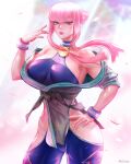  1girl blue_eyes breasts dougi hand_on_own_hip highres hime_cut hip_vent manon_(street_fighter) martial_arts_belt mcdobo narrow_waist off_shoulder panty_straps pink_hair sidelocks solo street_fighter street_fighter_6 wide_hips wristband 